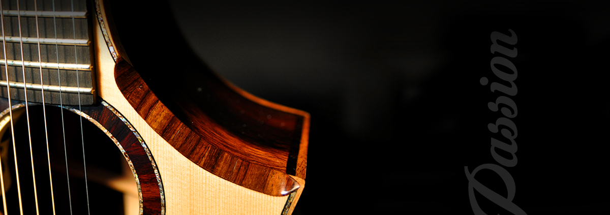 Photo of a guitar close up on the sound hole and details.